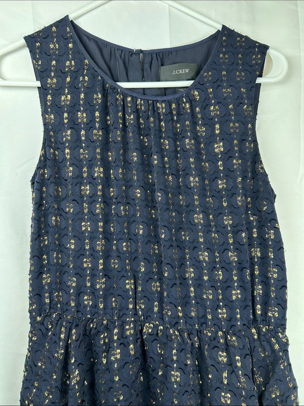 J Crew Silk Blend Textured Dress Size 2 Navy Blue Gold Chiffon Tiered Sleeveless